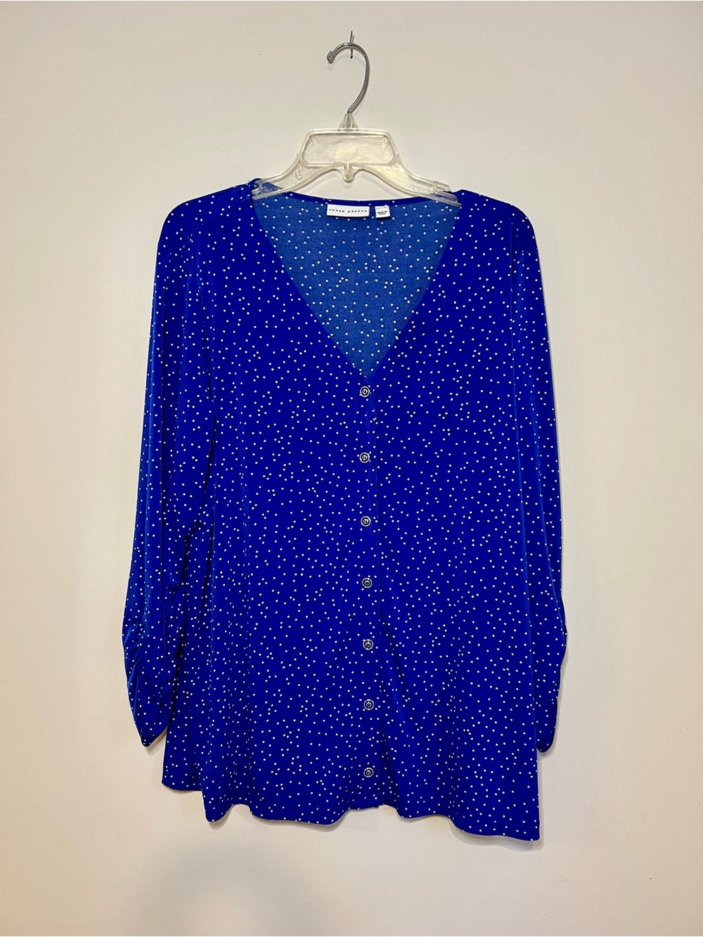 Susan Graver Royal Blue Polka Dot Button-Front V-Neck Top size XL